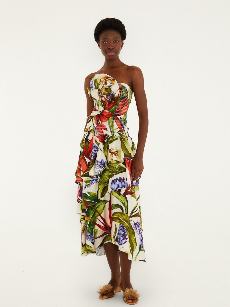 Farm Rio Sand Florart Strapless Maxi Dress